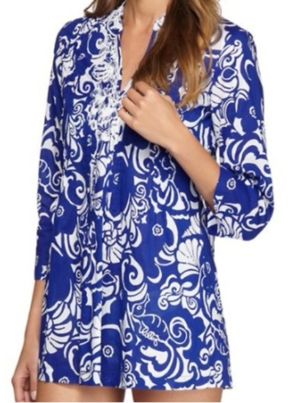 Lilly Pulitzer Sarasota Blue & White Beaded Tunic Beach Boho Resortwear Size M
